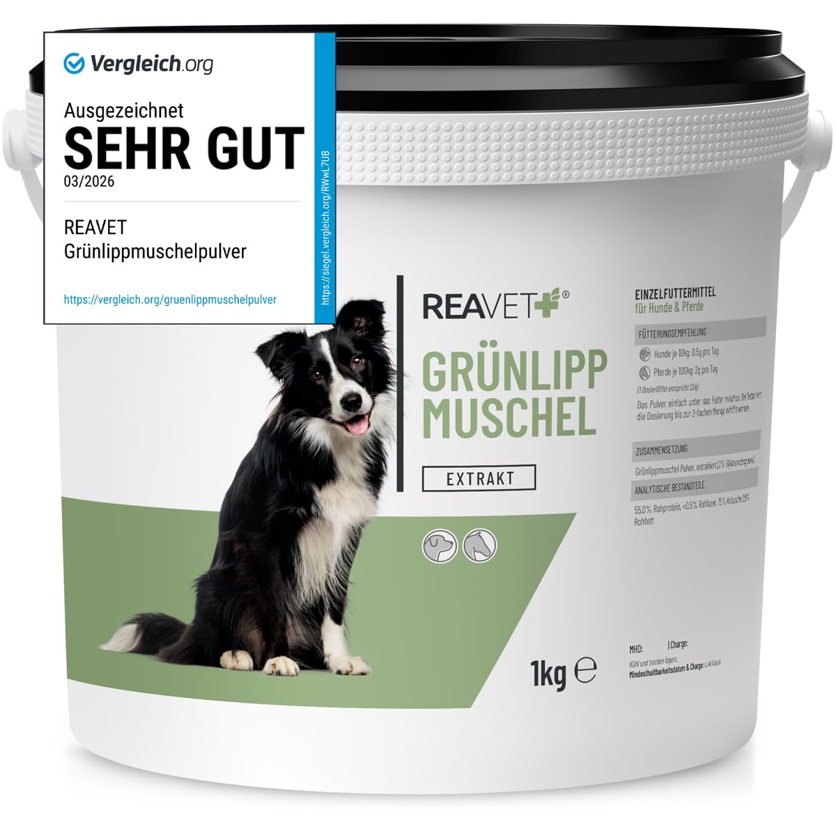 TESTURTEIL SEHR GUT 2026 ReaVET Grünlippmuschel Extrakt Pulver 1kg für Hunde & Pferde I Grünlippmuschelpulver Hund hochdosiert I nach behandelter Arthrose, Arthritis - Barf Futterzusatz