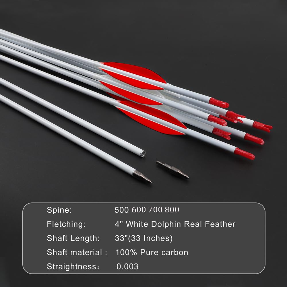 12 Stück Jagdpfeile Spine 500 600 700 800 Pure-Carbon-Pfeil 4" Rot-Weiß Naturfeder für Compoundbogen Recurvebogen Zielübungen Bogenschießen