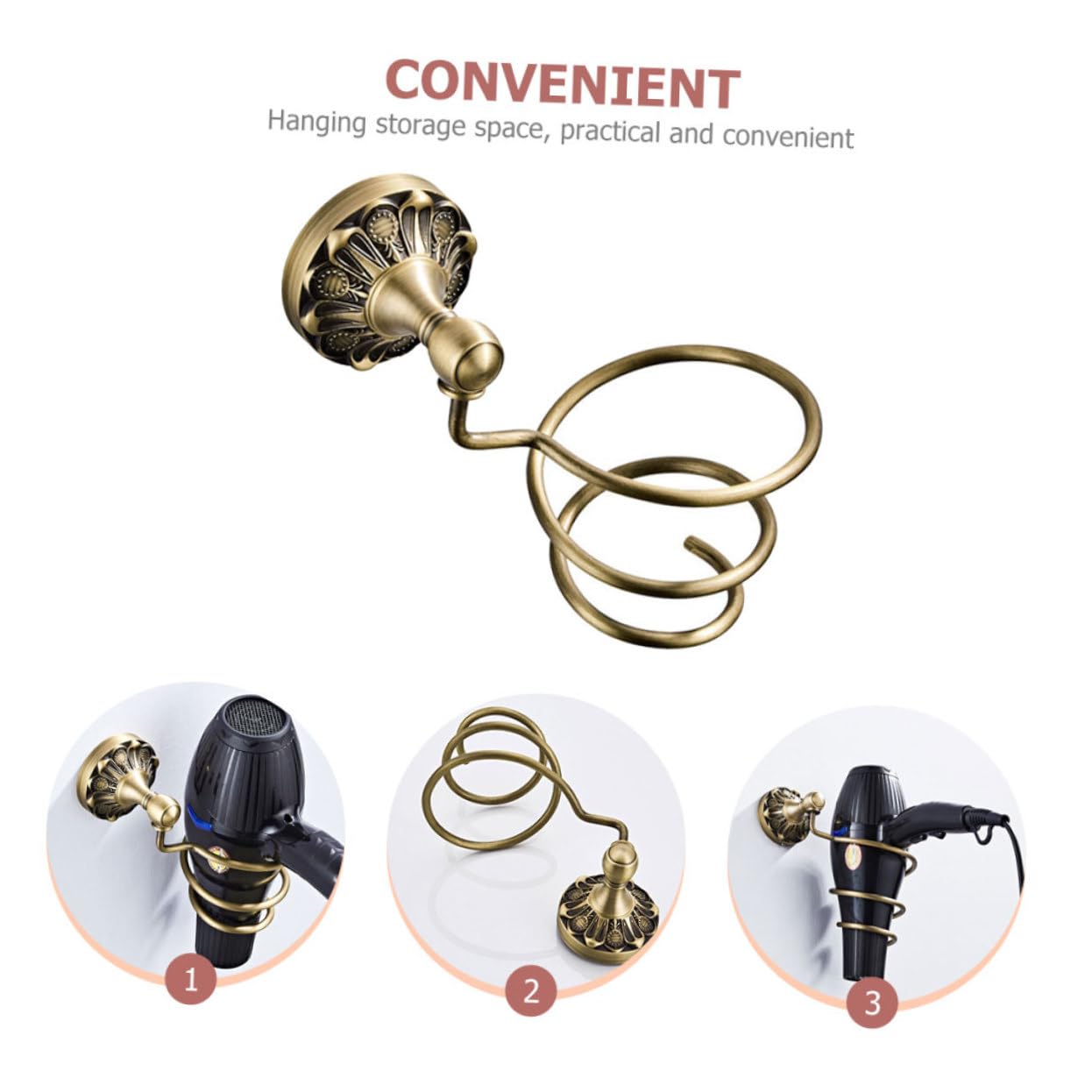 Soporte para Secador de Pelo de Pared, Cobre Dorado, Diseño Espiral, Almacenamiento Colgante, Adecuado para Baño