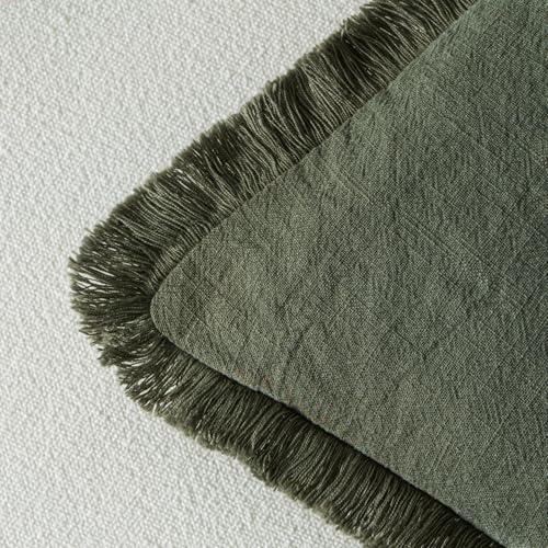 Image of MIULEE Decorative Throw Pillow Covers Neutral Linen Fringe Throw Pillows Set of 2 Rifle Green Boho Farmhouse Cushion Covers with Tassels for Couch Sofa Bed Living Room Spring Home Decor 18x18 Inch