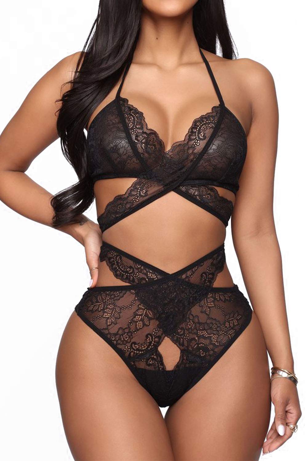 Lingerie for Women Sexy Bra and Panty Set Lace Bodysuit Babydoll Sleepwear Black M