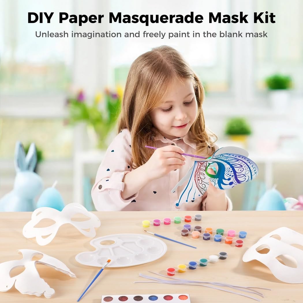 24-pak niemalowanych papierowych maskaradowych masek do malowania DIY, zestaw do majsterkowania z farbą i brokatowym pudrem, biały, rozmiar uniwersalny