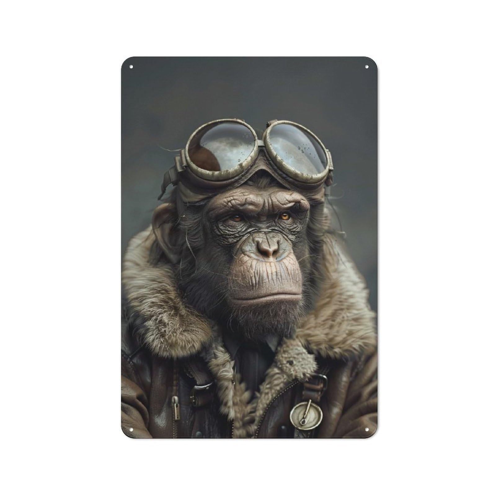 Junmoney Style-18 Garage Style Chimpanzee Pilot In Vintage Aviator Gear Decorative Metal Plaque 30X20cm, Garage Wall Decor For Workshop, Basement, Shed Or Games Room
