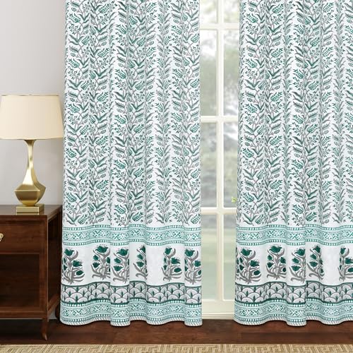 Image of BLOCKS OF INDIA Blackout Hand Block Printed Cotton Daylight Curtains with Eyelets(Set of 2 Curtains) (Block 6, 7 Feet /Door), White, Blue