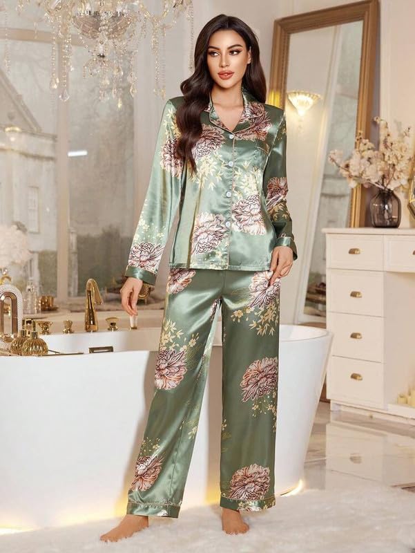 Image of Night Suit for Women with Full Sleeve Button-Down Top with Pant Dress for Woman, Cotton Night Dress for Woman, Two-Piece Loungewear Set