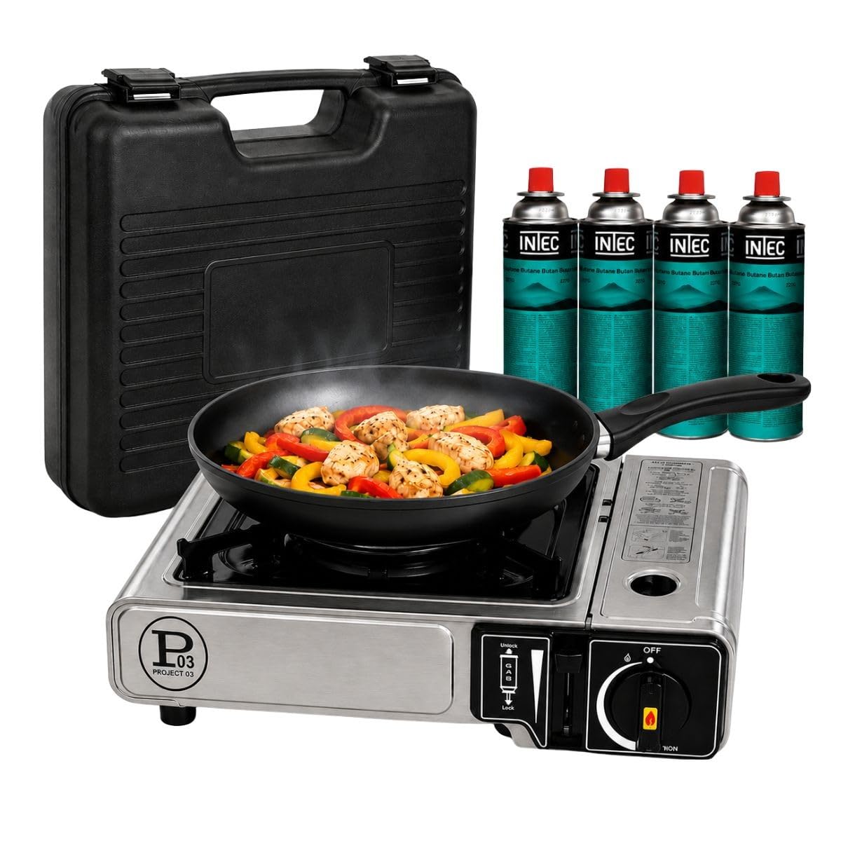 INTEC - Réchaud à Gaz Portable 1 Feu 2200W + 4 Cartouches gaz Butane Allumage Facile Piezo Sécurisé Cartouche gaz Butane – Idéal Réchaud Camping, Van & Cuisine Extérieure