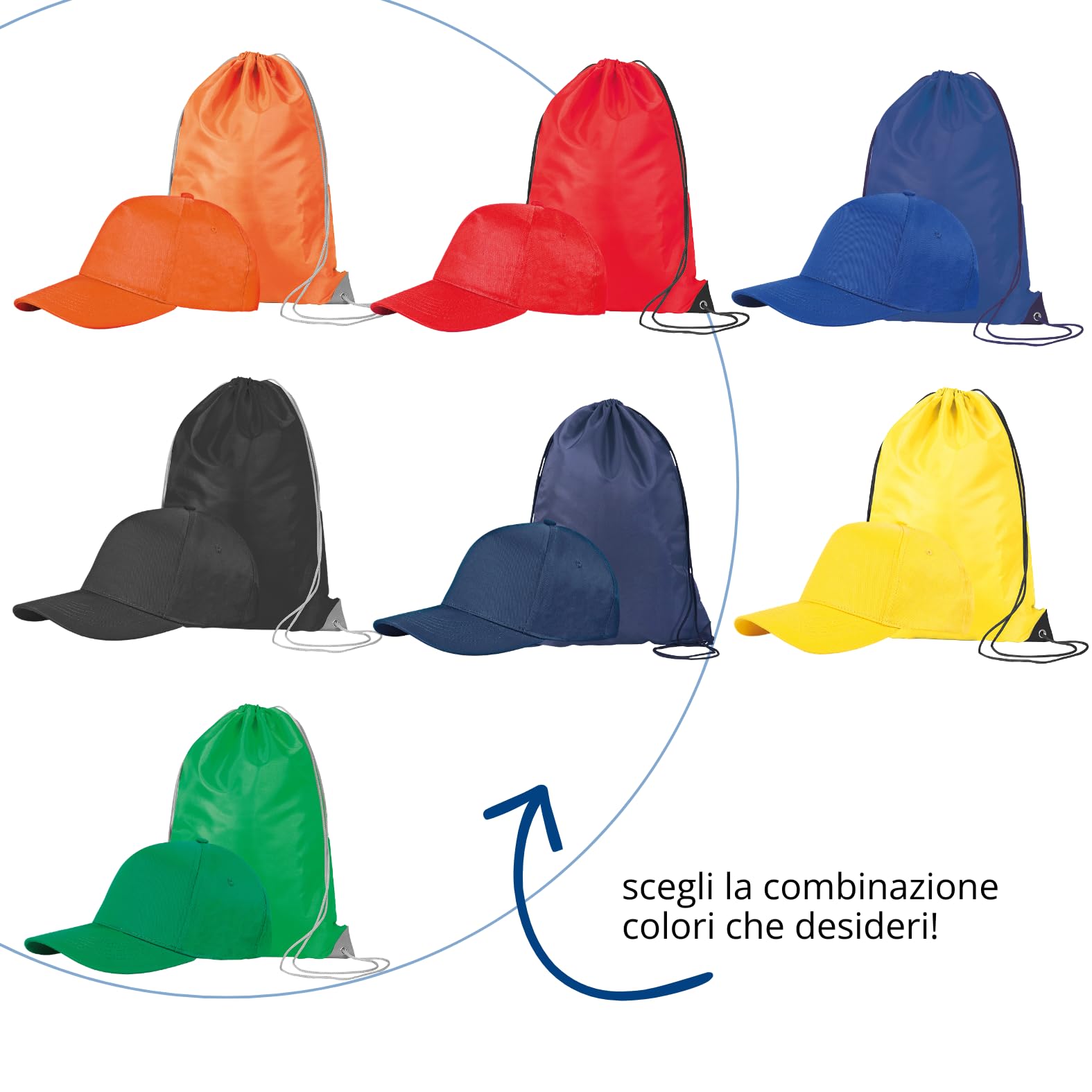 Kit 10 Cappellini + 10 Sacche Personalizzate ideali per Eventi all' aperto, Gite, Fiere, Campagne Promozionali, Gadget Aziendali, Omaggio a Clienti (Giallo)