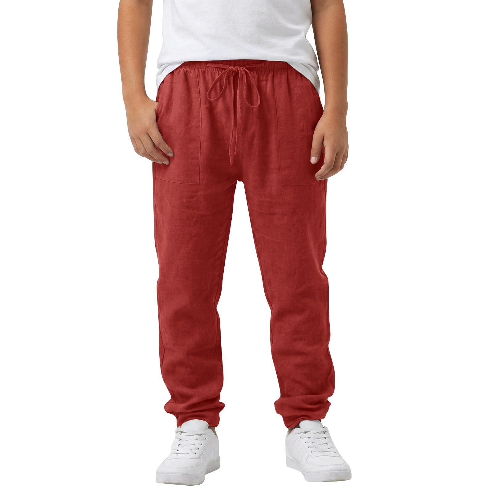Pantaloni in lino da ragazzo, con elastico in vita, con coulisse, gamba dritta, vestibilità aderente, casual, estivi, vacanze, spiaggia
