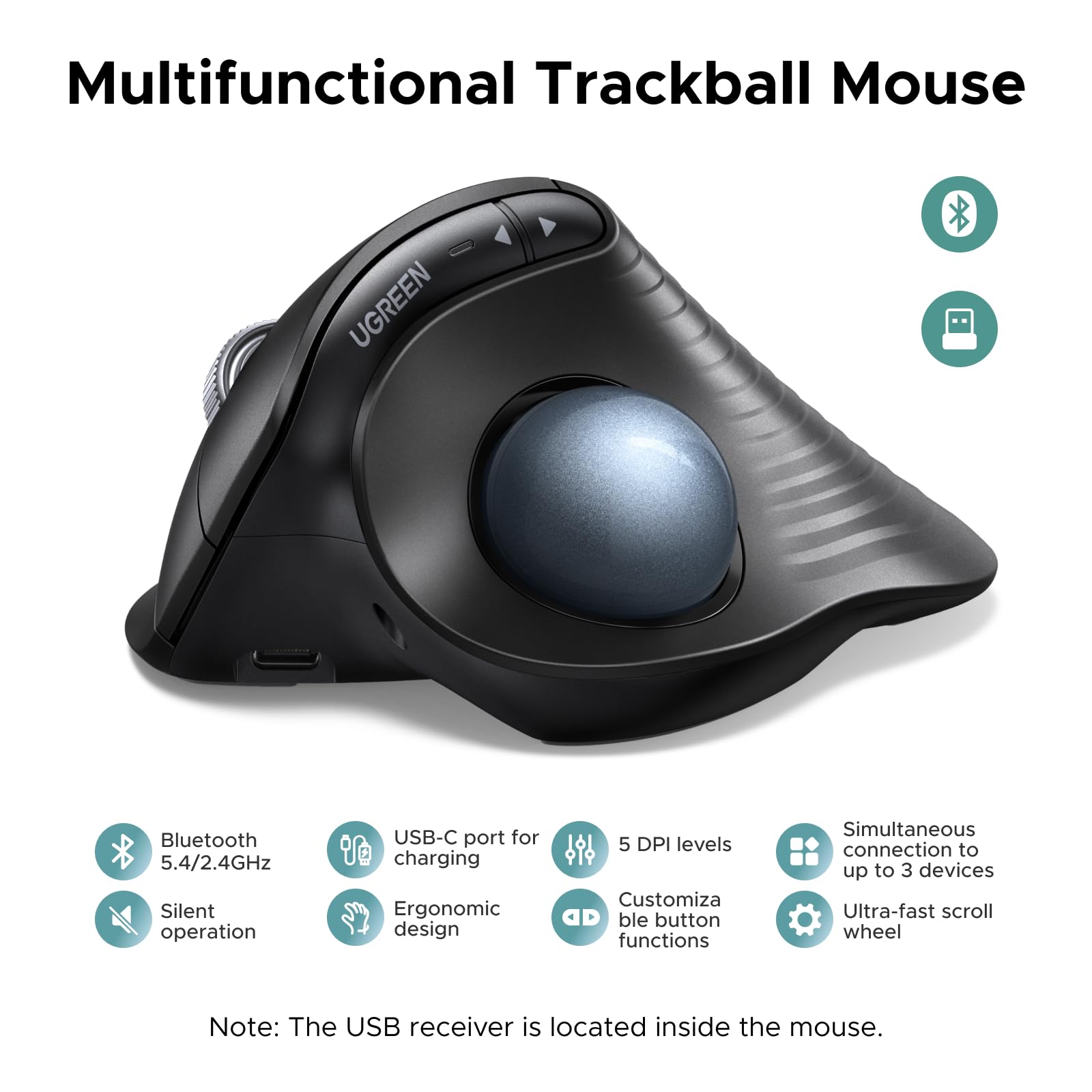 UGREEN Bezprzewodowa mysz z trackballem, ergonomiczna mysz Bluetooth z akumulatorem i sterowaniem palcami, ultraszybkim przewijaniem, 2,4 GHz i podwójnym Bluetooth