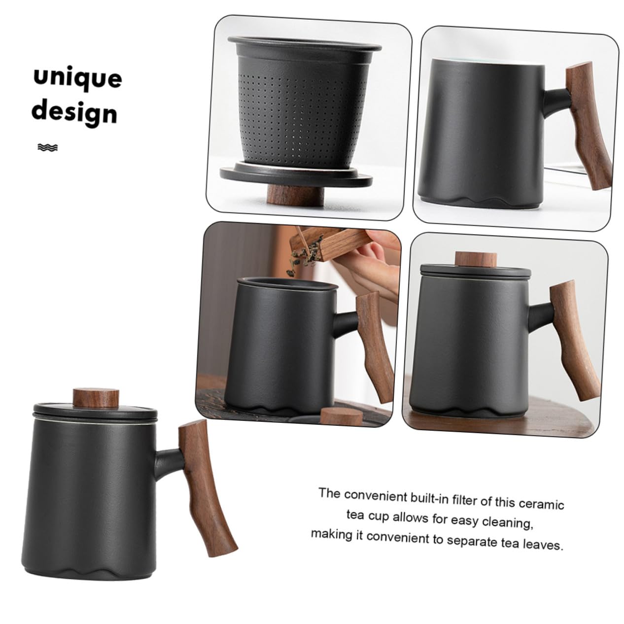 Keramik Teebecher 360ml Schwarz und Filter mit Holzgriff