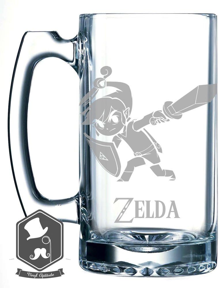 Zelda Link Master Sword Slash Video Game Inspired 25 OZ Hand-made Etched Beer Mug Glass Stein