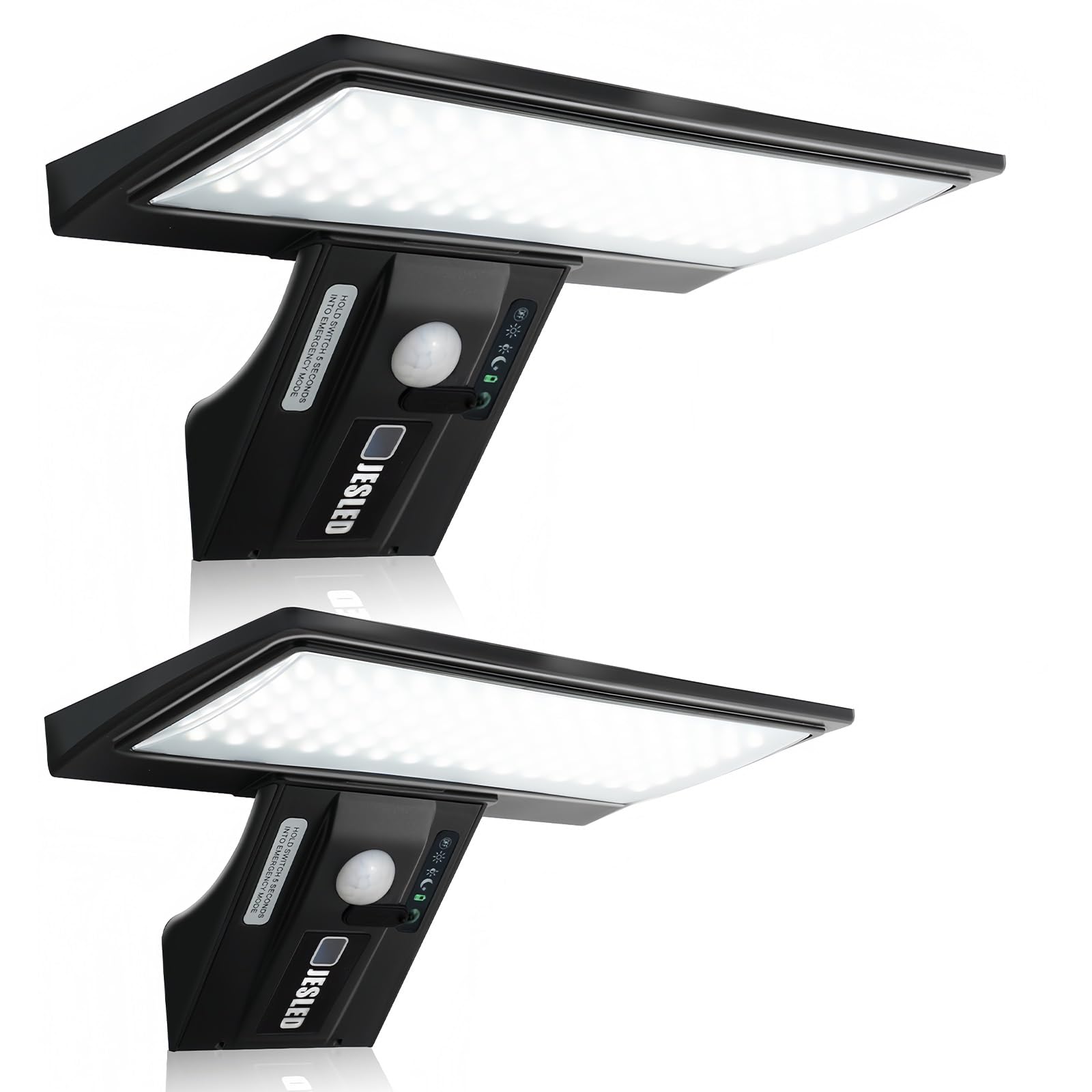 JESLED Solar Lights Outdoor, 2 Pack 90 LED Solar Motion Sensor Security Lights Waterproof 2600mAh,USB Charging, for Garden Fence Door Yard Garage Pathway