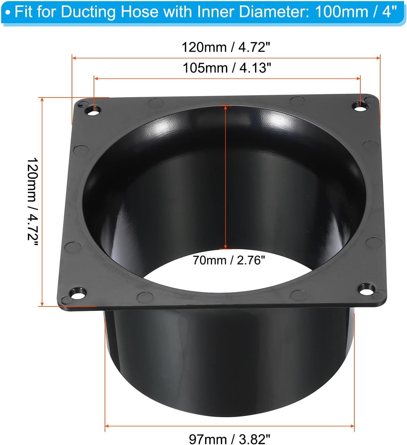 PATIKIL 4" Duct Connector Flange, 4 Pack Dryer Vent Wall Plate Square to Round Straight Ducting Plate for Air Heating Cooling Ventilation Exhaust Fan, Black