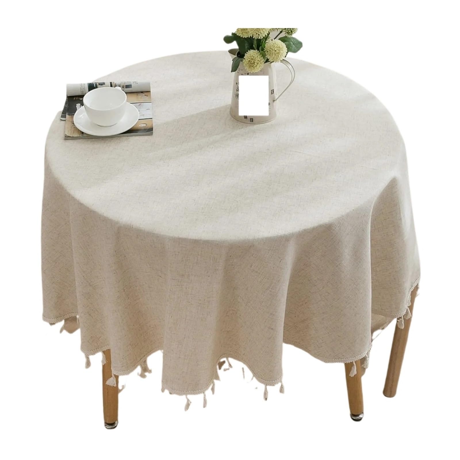 ZHSOAO Round Tablecloth Minimalist Plain Color Circular Knot Linen Solid Tassel Cotton Cover for Cafe(90cm)