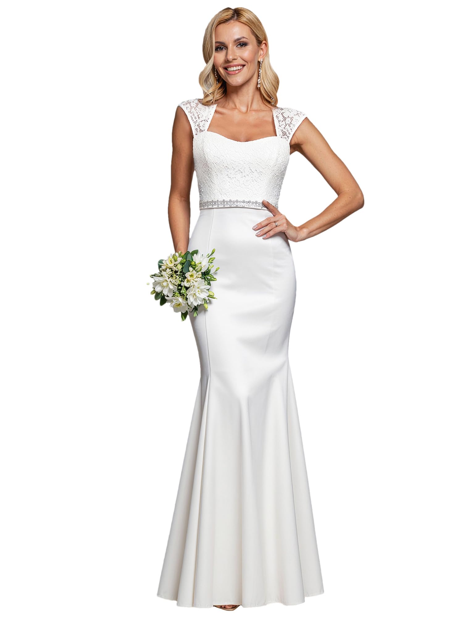 Women's Elegant Lace Cap Sleeve V Neck Beading Mermaid Wedding Dresses for Bride 00218