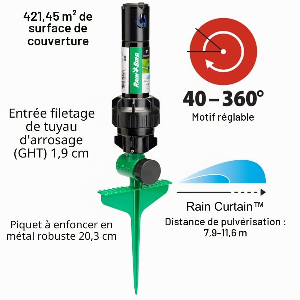 Rain Bird 42SASPG 42SA Arroseur à Rotor d'entraînement par Engrenages sur pic Vert Robuste, réglable de 40 ° à 360 °, Distance de pulvérisation de 7,9 à 11,5 m