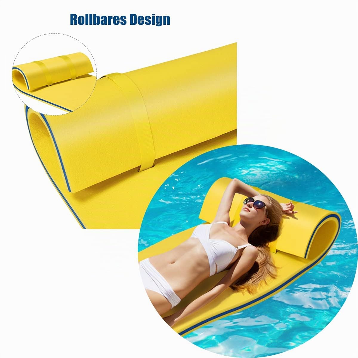 RELAX4LIFE 210 x 66cm Wasserhängematte, Aufrollbare Schwimmmatte, Wasser Bett 70 kg belastbar, Wasserliege aus 3-schichtigem XPE Schaum, Schwimmende Wassermatte für Erholung & Entspannung (Gelb)