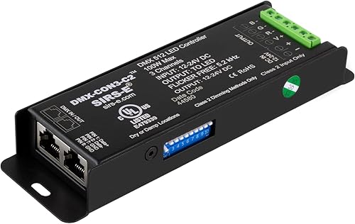 SIRS-E DMX-CON3-C2 Decodificador LED Controlador RGB de 3 canales, 12-24V DC, 100W, UL Clase 2