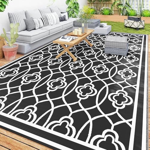 Outsunny Outdoor Rug for Patio 9 x 18 Waterproof Large Mat Reversible Plastic Straw Rug for Decor Portable Outside RV Camping Area Carpet Mat for Backyard Porch Deck Picnic Black & White Lantern