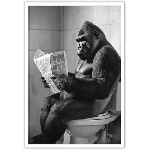 Vintage Funny Gorilla Sitting On Toilet Reading Newspaper Posters Black And White Modern Canvas Wall Art Cute Animal Prints Painting For Home Bedroom Dorm Wall Decor 8x10in Unframed
