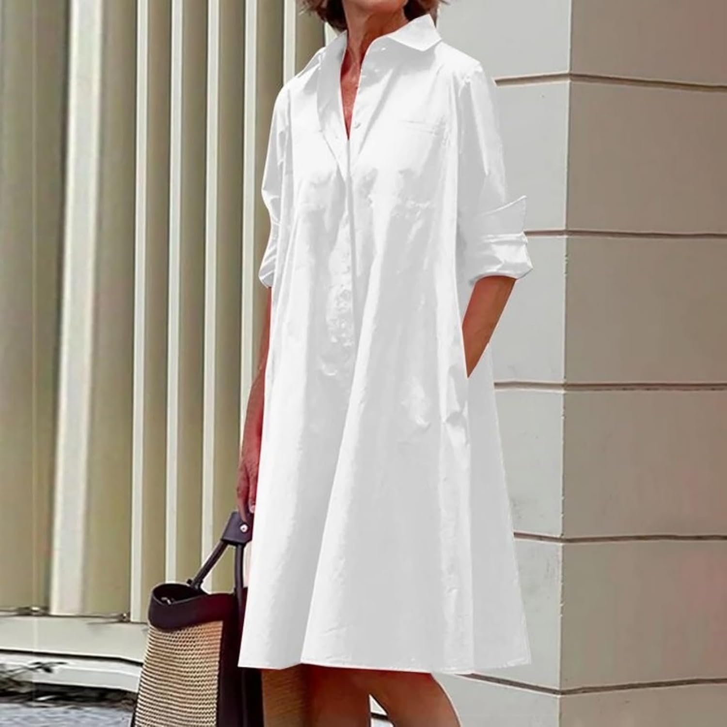 Spring Summer Button Down Shirt Dress for Women's Plus Size Casual Loose V Neck A-Line Long Tunic Dresses - Image 2