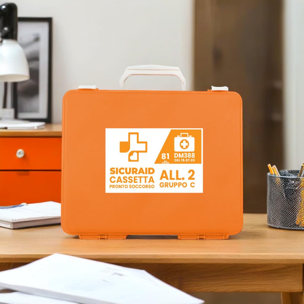 SICURAID Cassetta Pronto Soccorso Aziendale Allegato 2 DM 388/2003 CE MDR con Web App SicurApp | Kit Medico Certificato | Valigetta Arancio con Cartello per Aziende fino a 2 Dipendenti – Gruppo C