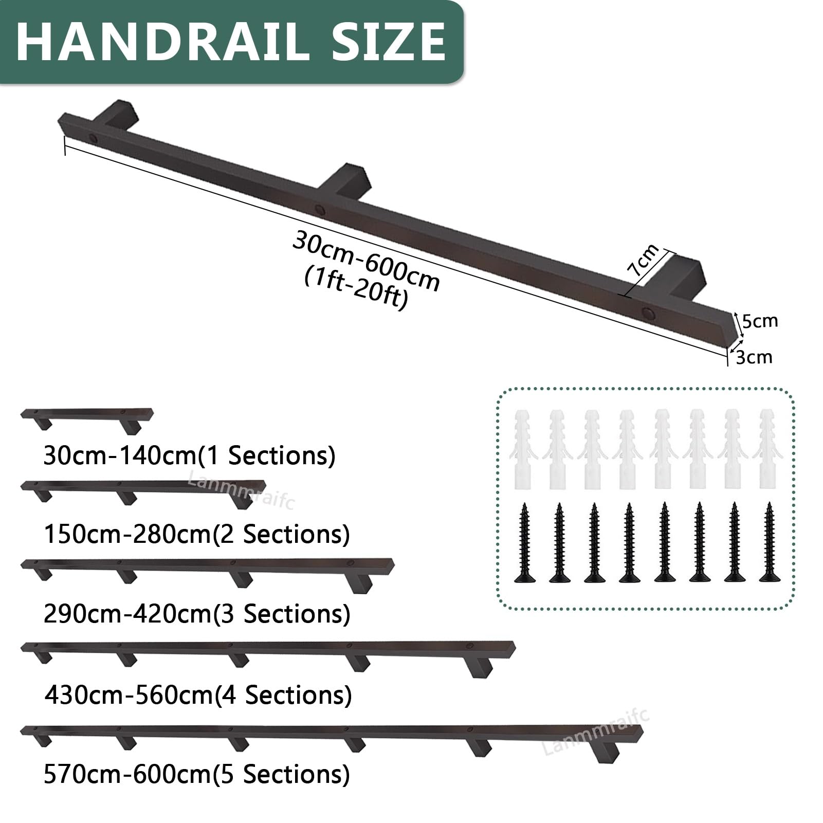 30-600cm industriële trapleuning - complete set, zwarte metalen trapleuningen, wandgemonteerde leuningen voor binnentrappen of buitentrappen (Size : 280cm