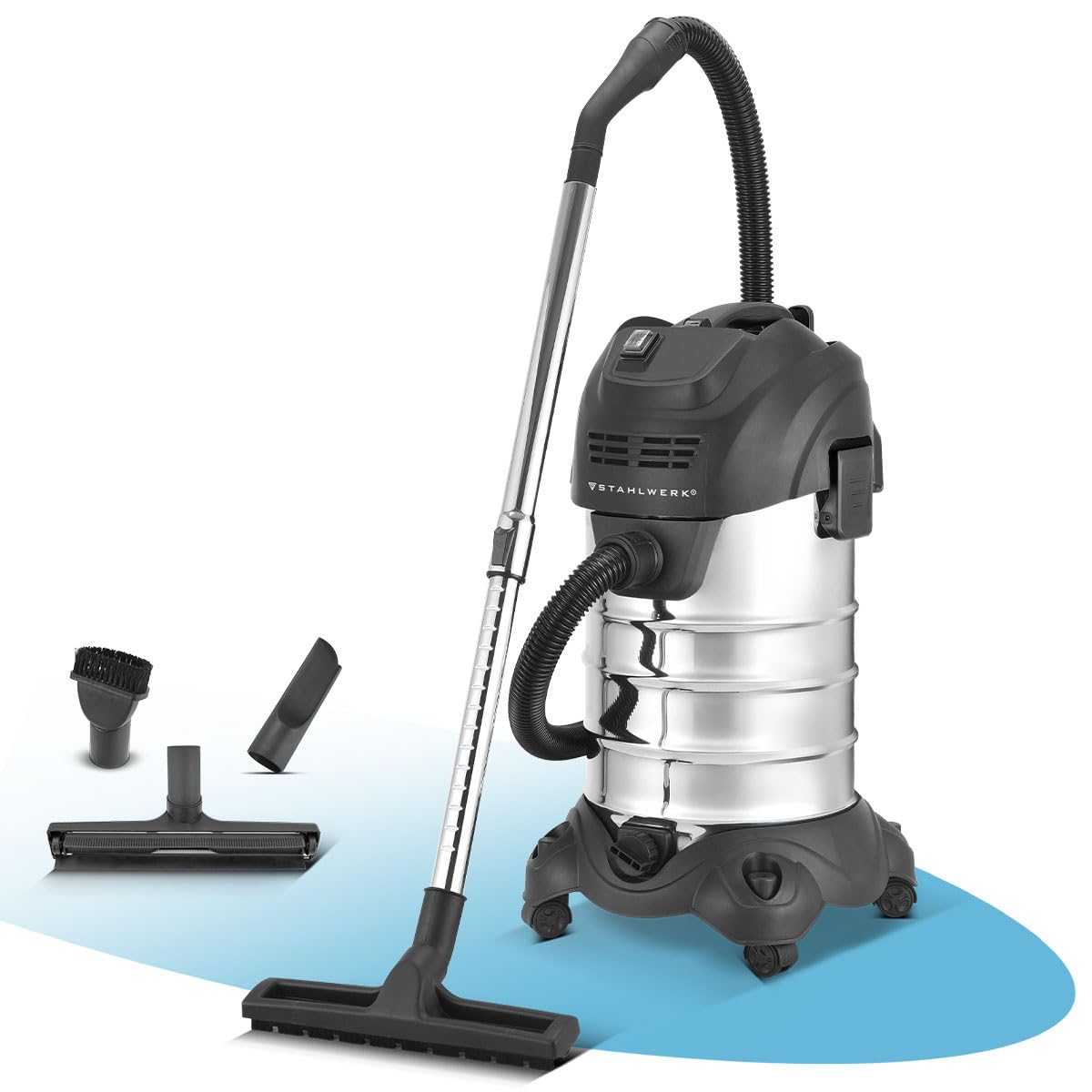 STAHLWERK Aspirador Agua y Polvo VCL-1600 ST - Aspirador industrial de 1600 W con tanque de acero inoxidable de 35 L, función de soplado, parada de seguridad y amplia gama de accesorios, aspirar