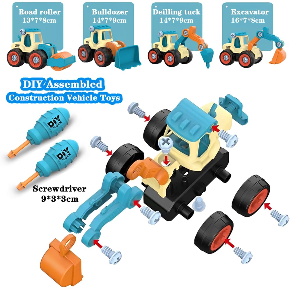 Juguetes de Vehículos de Construcción 4 en 1 para Niños a Partir de 2 Años, Set de Excavadoras DIY con Destornillador, Desmontar Camión de Ingeniería para Niños, Niños