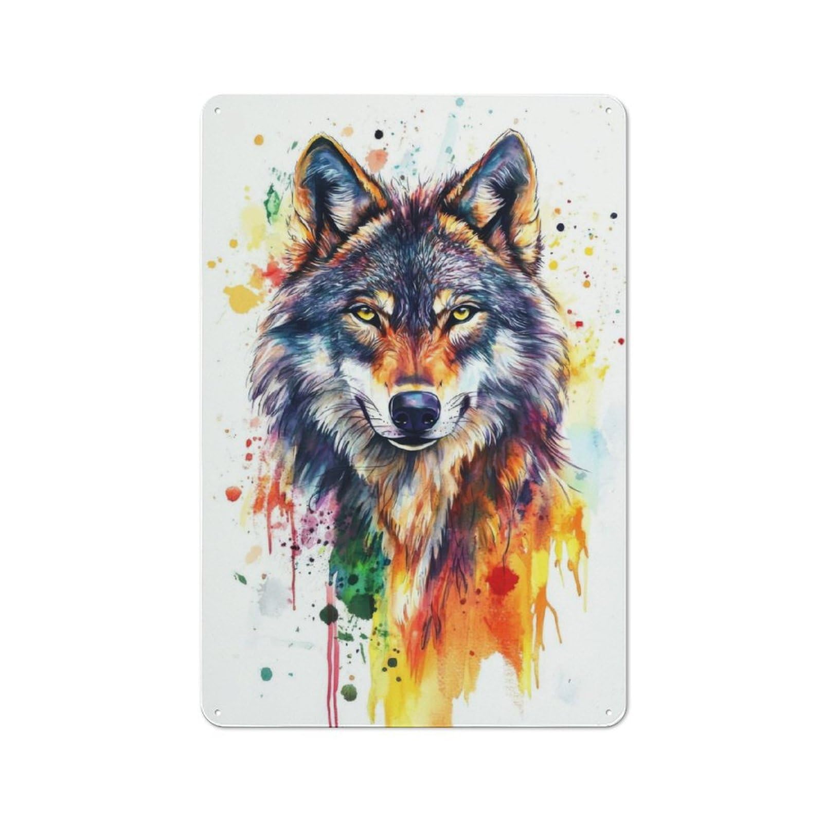 Junmoney Wolf Watercolor Painting Vintage Tin Sign 30X20cm With For Hallway Wall, Suited To New Home Decorators, For Retro Home Interiors