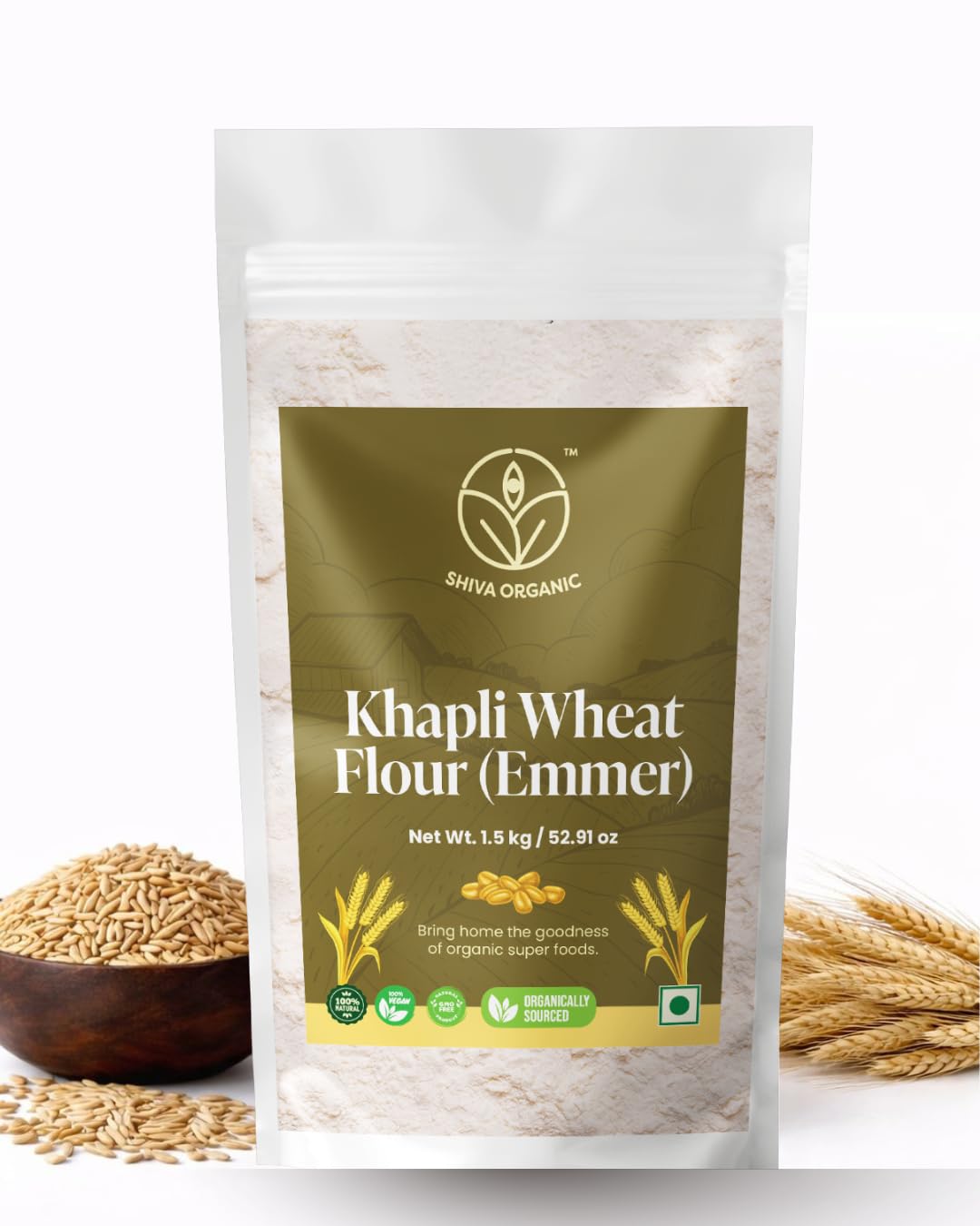 Shiva Organic Khapli Wheat Flour (1.5 kg) | High Dietary Fiber for Easy Digestion | Stoneground Emmer Wheat Flour | Khapli Atta