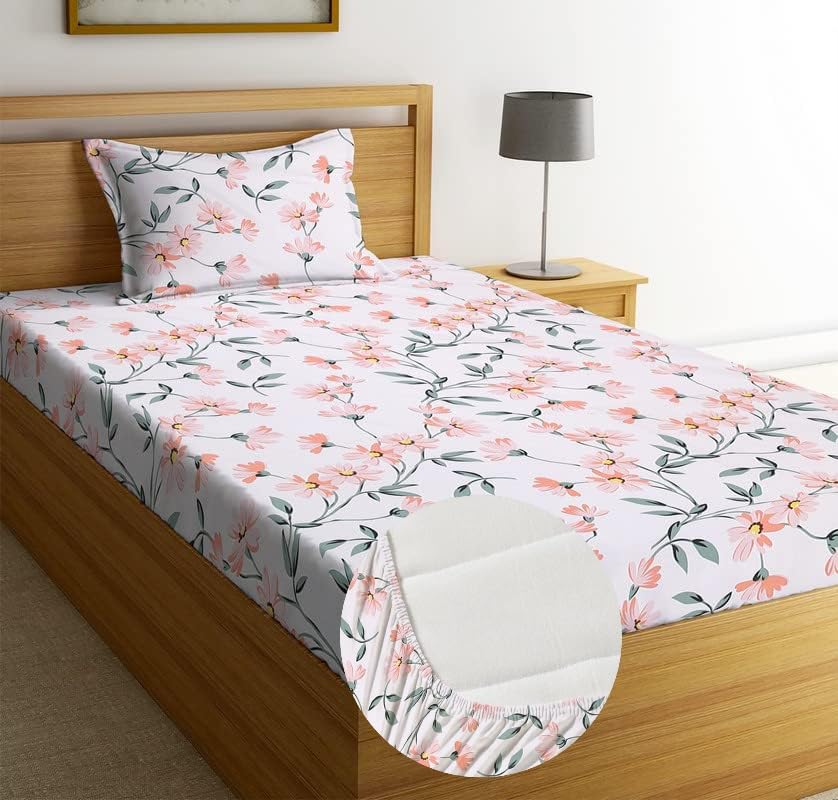 Image of Blue Strip 220TC Glace Cotton Elastic Fitted Bedsheets Single Bed with 1 Pillow Cover | Single Bed with All Around Elastic, Size 42 X 75 Inches (White Green Flower), Small Single