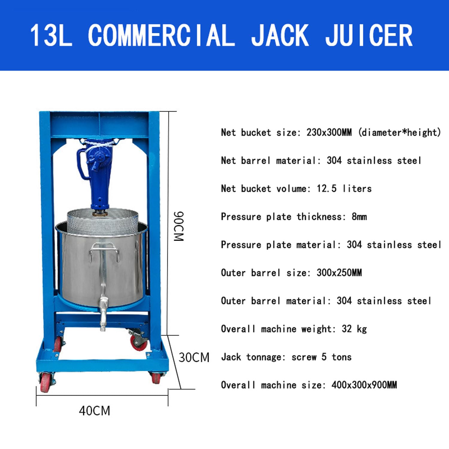 Spremiagrumi idraulico da 13 l, 2 tonnellate, in acciaio inox 304, design mobile con 4 ruote, ideale per spremere miele, frutta e verdura