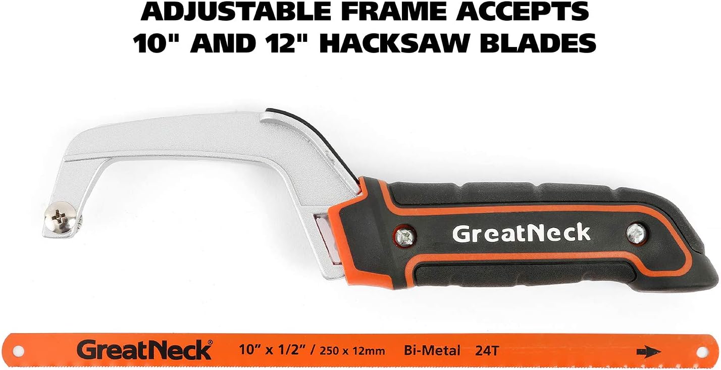 GreatNeck 74009 10 Inch Close Quarter Hack Saw, Compact Hacksaw for Cutting Wood, Metal, PVC, and Foam, Dual-Action Blade Lock, Adjustable Aluminum Frame