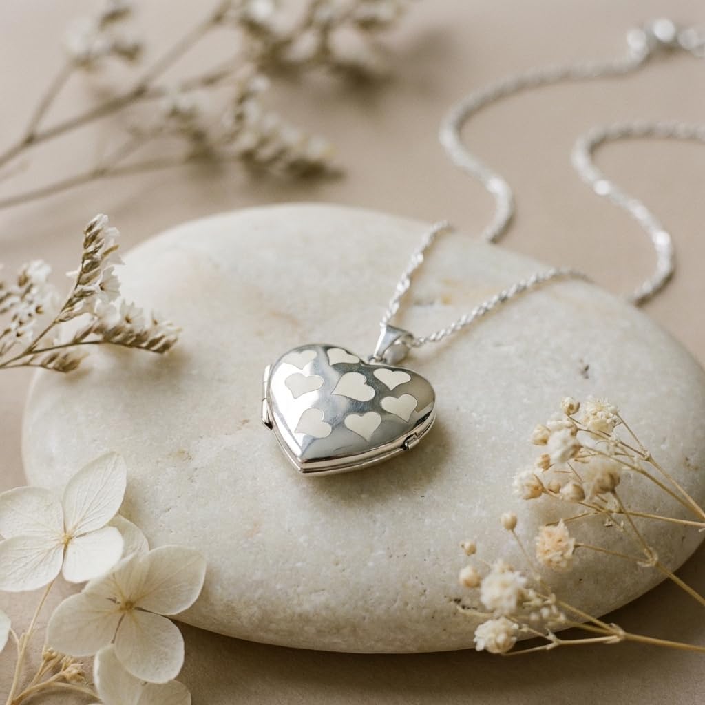 Medaglione a forma di cuore in argento Sterling con 2 finestre per foto, catenina da 45,7 cm e confezione regalo