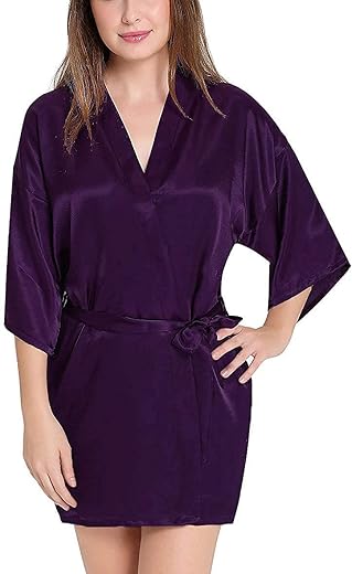 Zoroo Women's Satin Kimono Nightwear Robe With Adjustable &amp; Removable Sash Tie (Purple, Free Size)