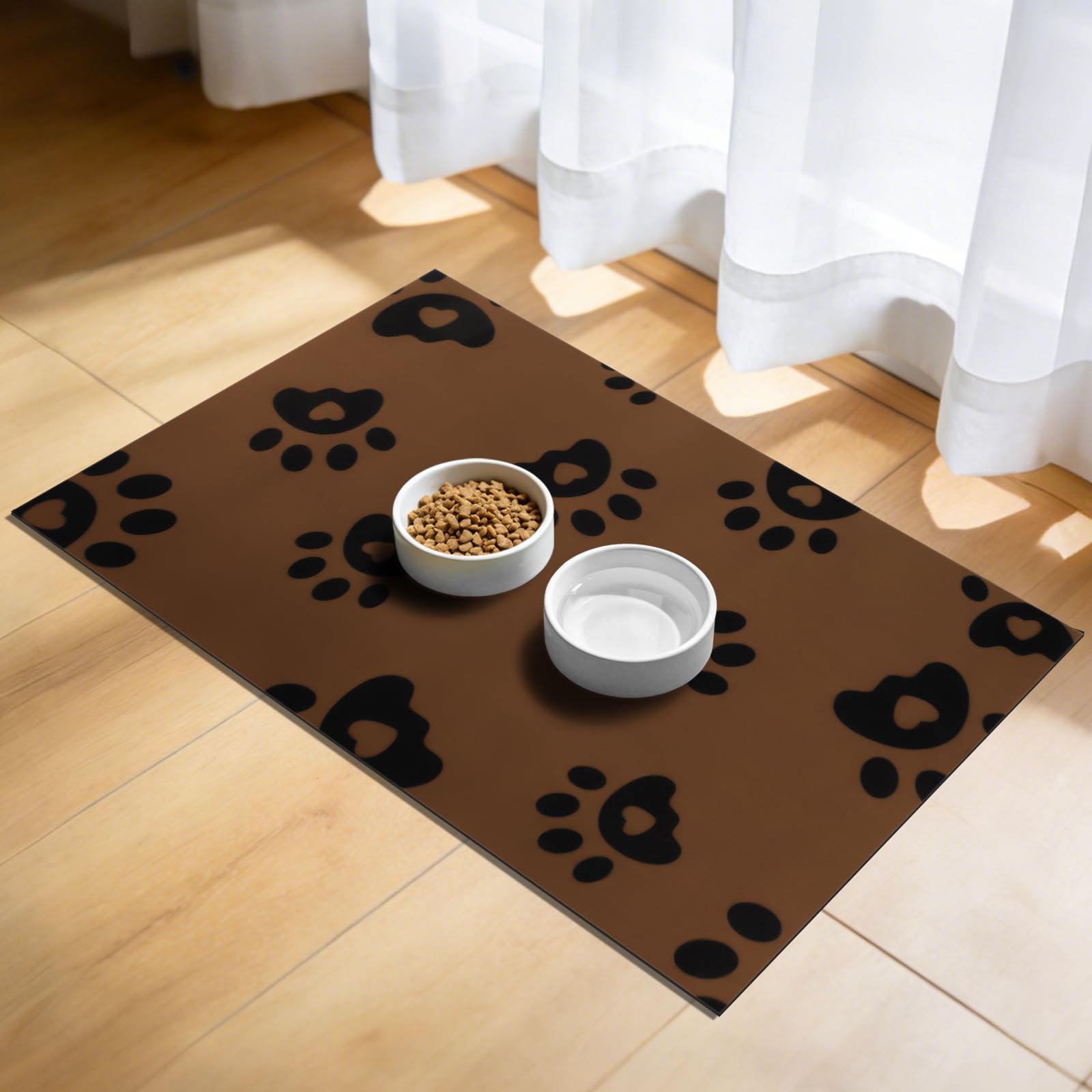 APXEL Pet Feeding Mat 30x50cm, Absorbent Dog Placemat for Food and Water Bowl, Rubber Backing Waterproof No Stains Quick Dry Non Slip Cat Food Bowl Mats, Multiple Paws (Brown)