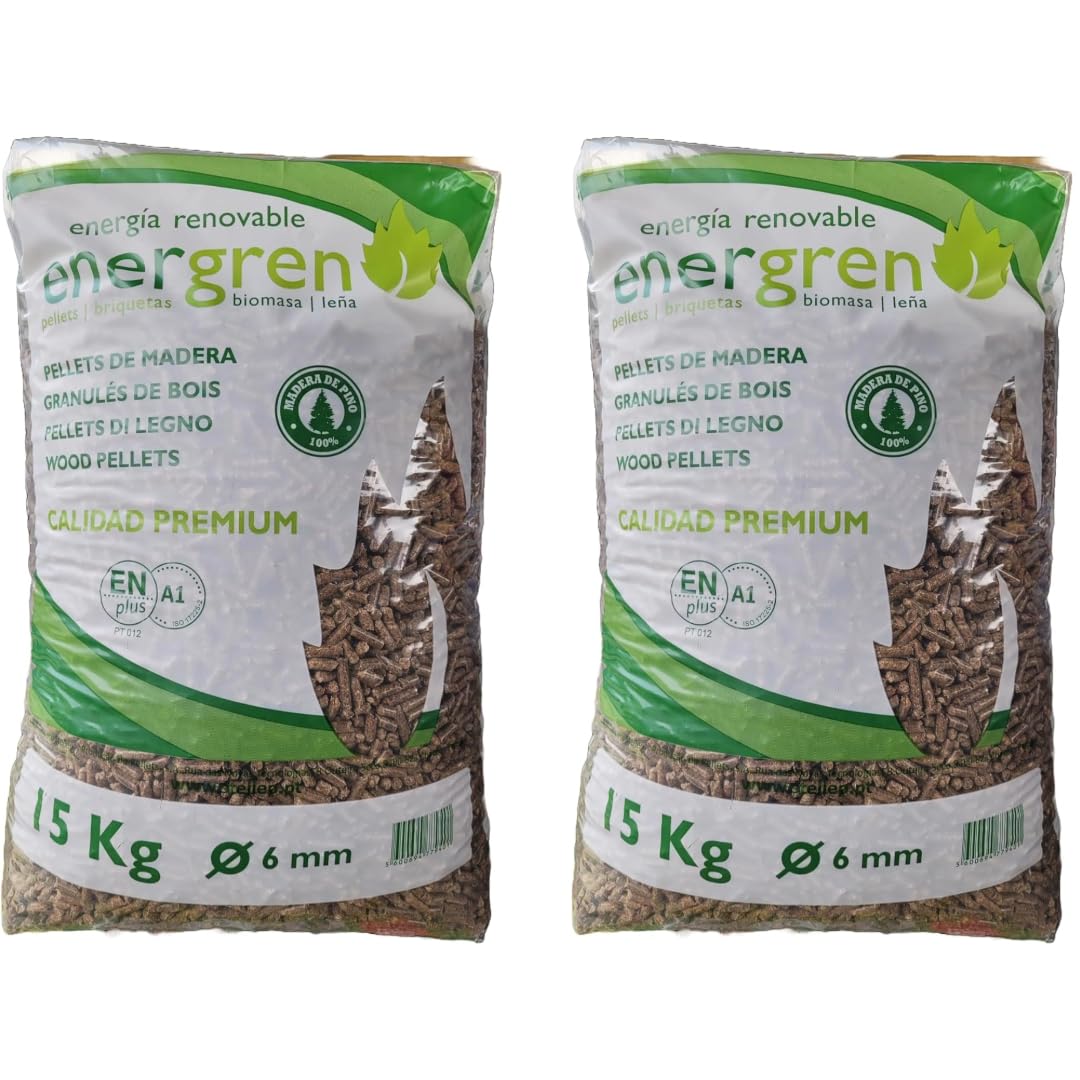 Pack 2 Unidades Saco de pellets de Madera 15kg. Certificado ENplus y Calidad A1. Ideal para chimeneas, Estufas o barbacoas. Diametro 6 mm. 100% Madera de Pino.