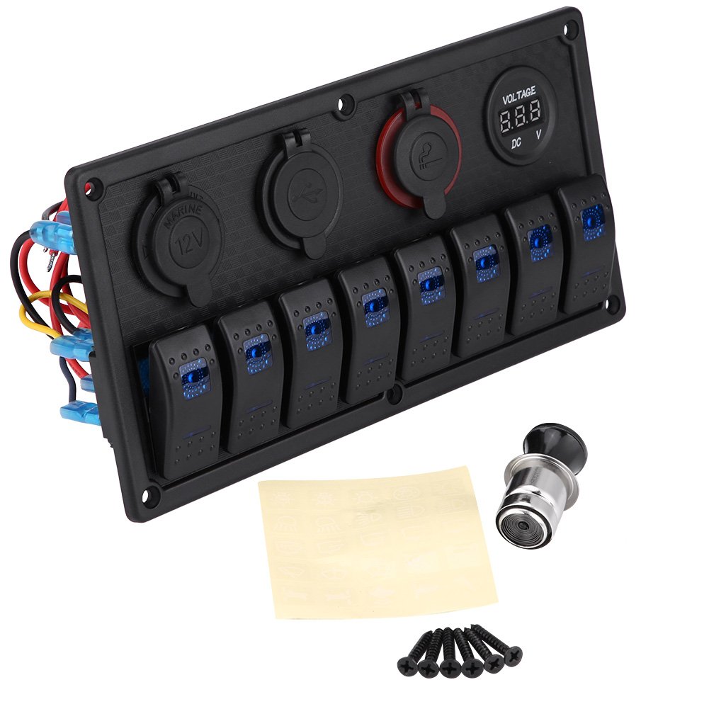 8 Gang Rocker Switch LED Control Panel Dual USB Voltmeter Cigarette Lighter SPST/ON-OFF Universal for all 12V-24V vehicle, yacht, ship, caravan, bus, car