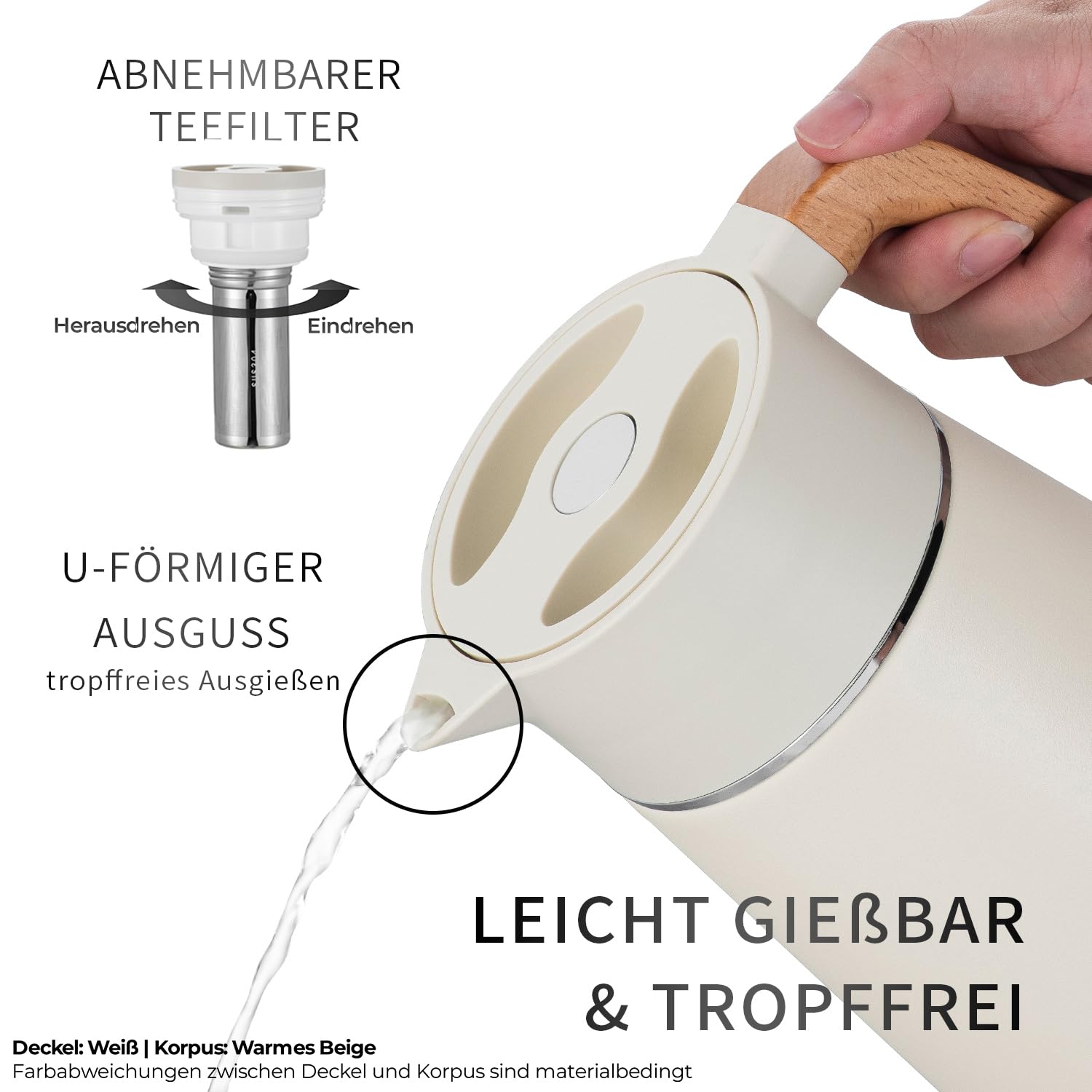 VETIN 1,5L Thermoskanne mit Teesieb, Teekanne mit Siebeinsatz Thermo, Kaffeekanne Thermo 304 Edelstahl, Isolierkanne mit Holzoptik Griff, 10h Hitze / 16h Kälte (Deckel: Weiß | Korpus: Warmes Beige)
