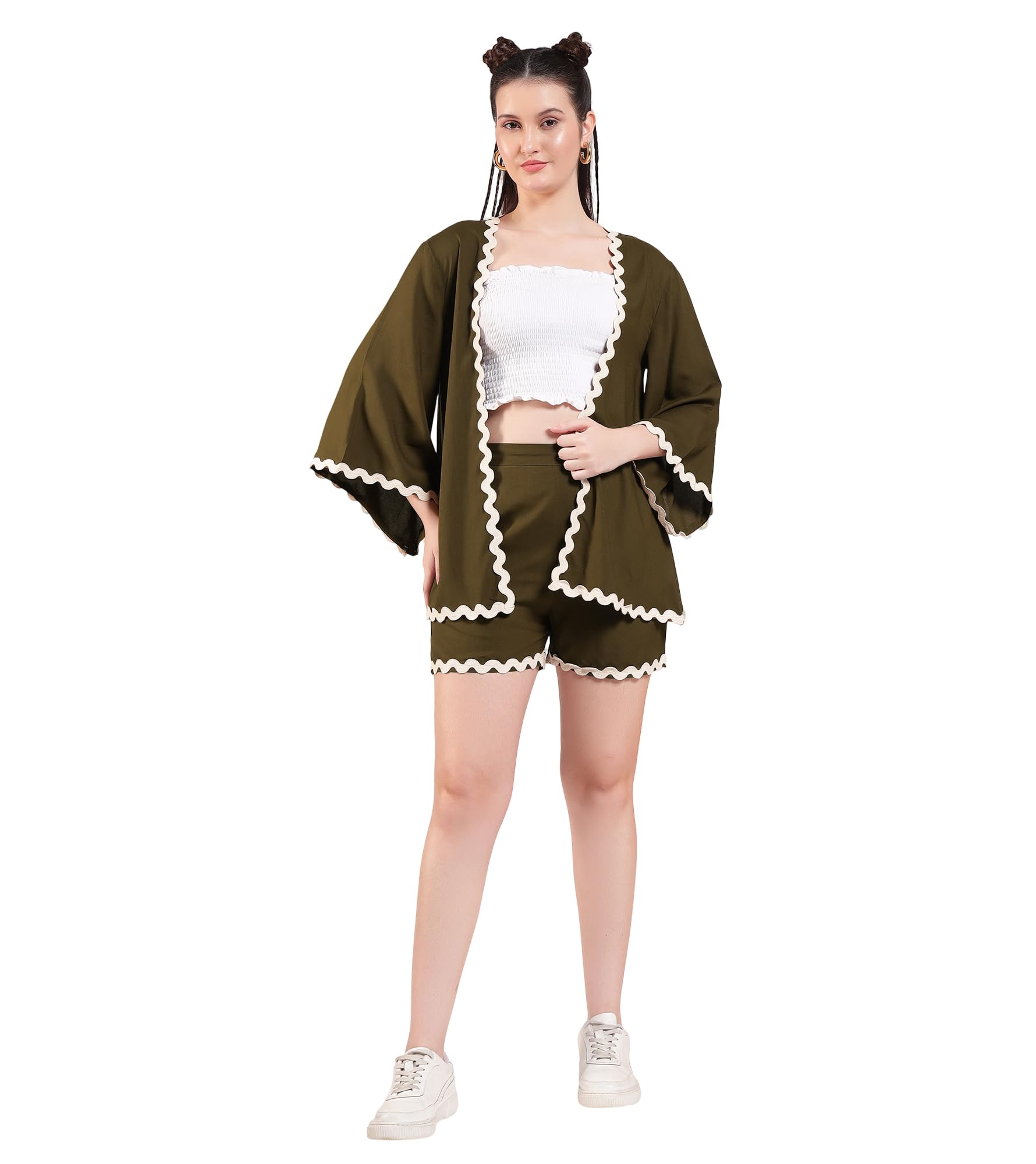 Women's Solid Rayon Thigh Length Shrug with Shorts|Open-Front Neck|Cord Set for Women Fashion|Jumpsuits Western Dress for Women Stylish|Two Piece Co ord Set|Party Casual Wear(Olive Green)-image-42