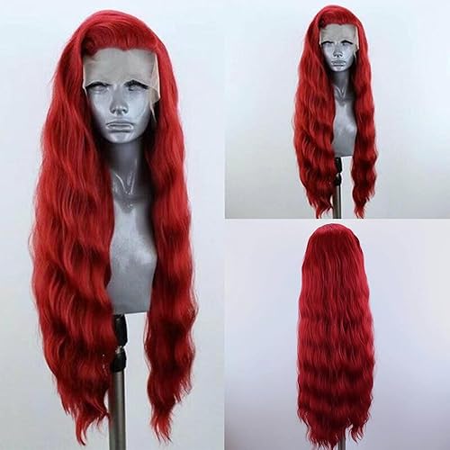 ELESTY Long Curly Red Synthetic Lace Front Wigs Free Part Loose Wave Heat Resistant Natural Hairline Fiber Hair Glueless Lace Wigs for Women Daily Party Use 24Inch