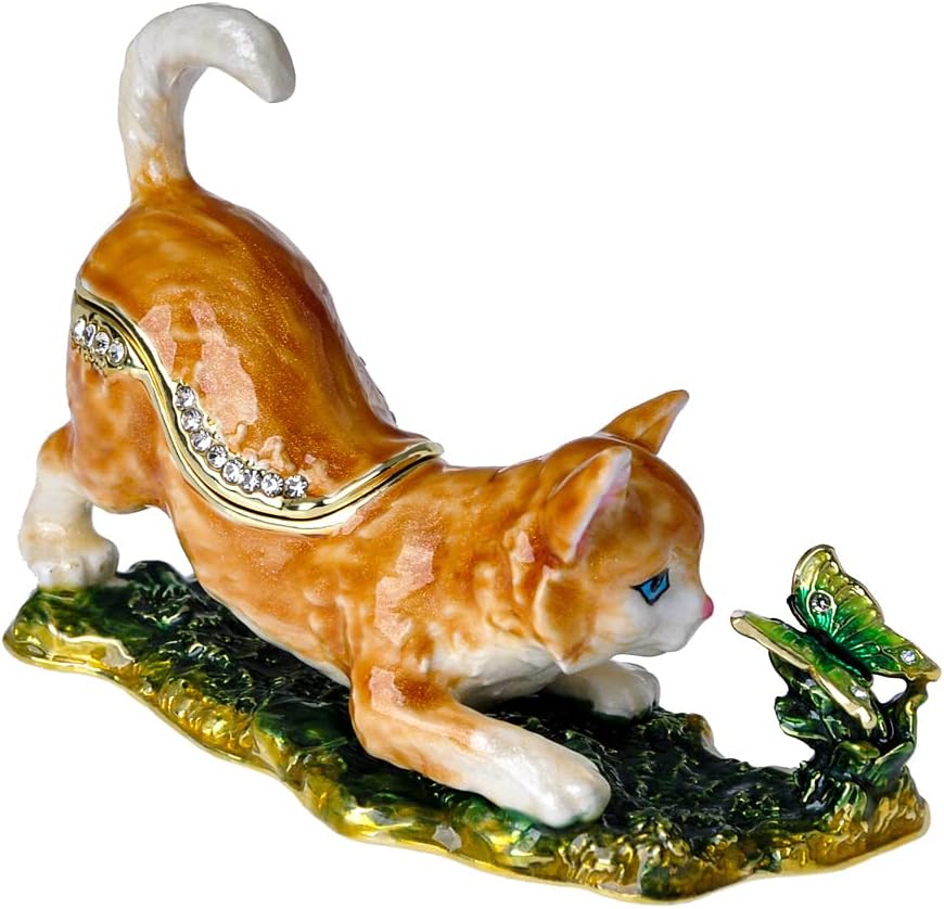 Cat Trinket Box with Golden Jewelry Enamel Design, Animal Home Décor & Gift for Cat Lovers