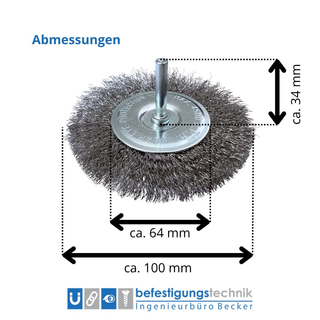 1–60x Drahtbürste 100 mm mit 6 mm Schaft – Stahldraht Scheibenbürste für Bohrmaschine & Akkuschrauber – Rundbürste zur Rostentfernung, Farbentfernung & Metallreinigung (48)