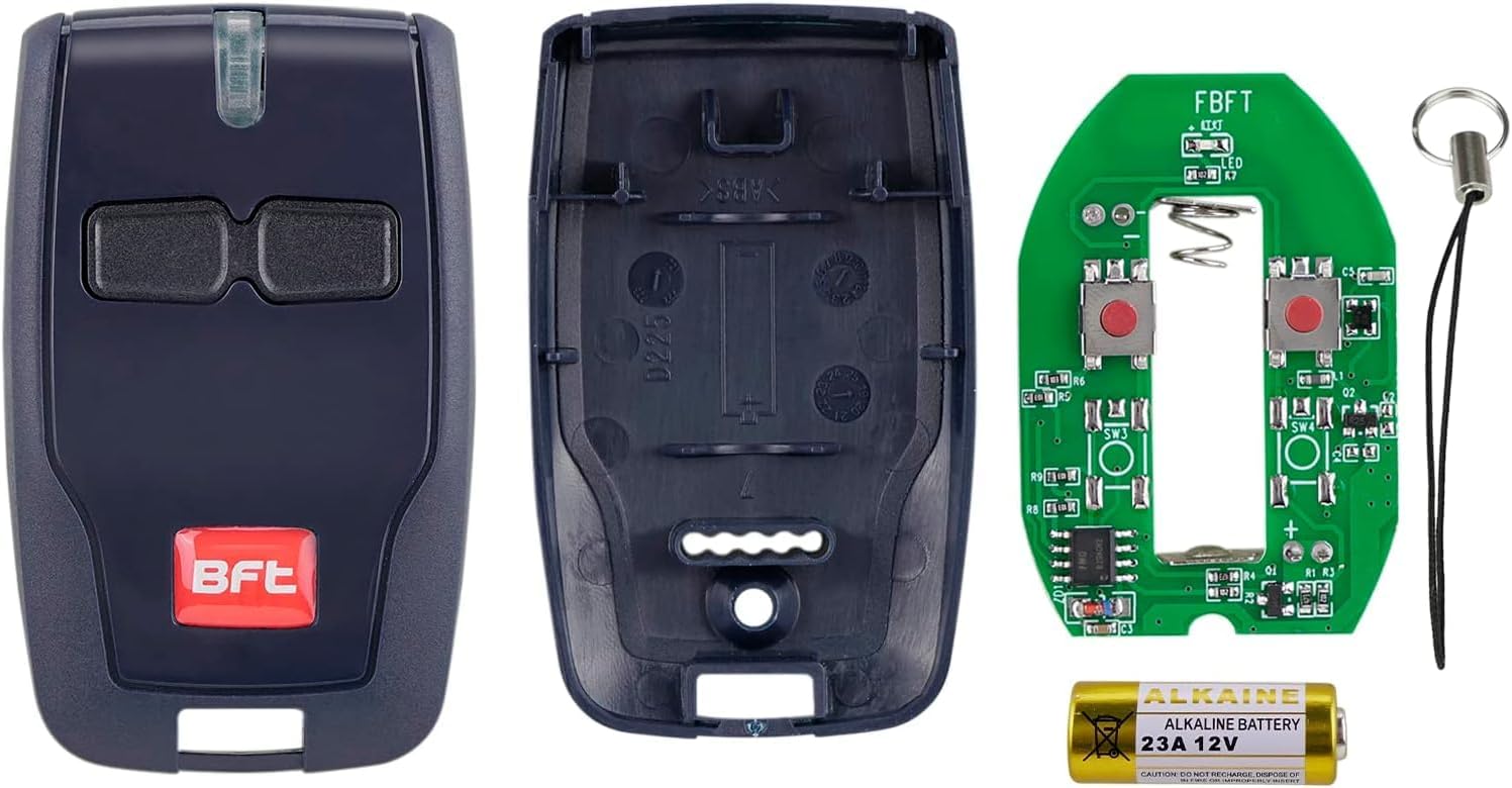 Disassembled remote control showing the casing, circuit board with buttons, and a 12V battery.
