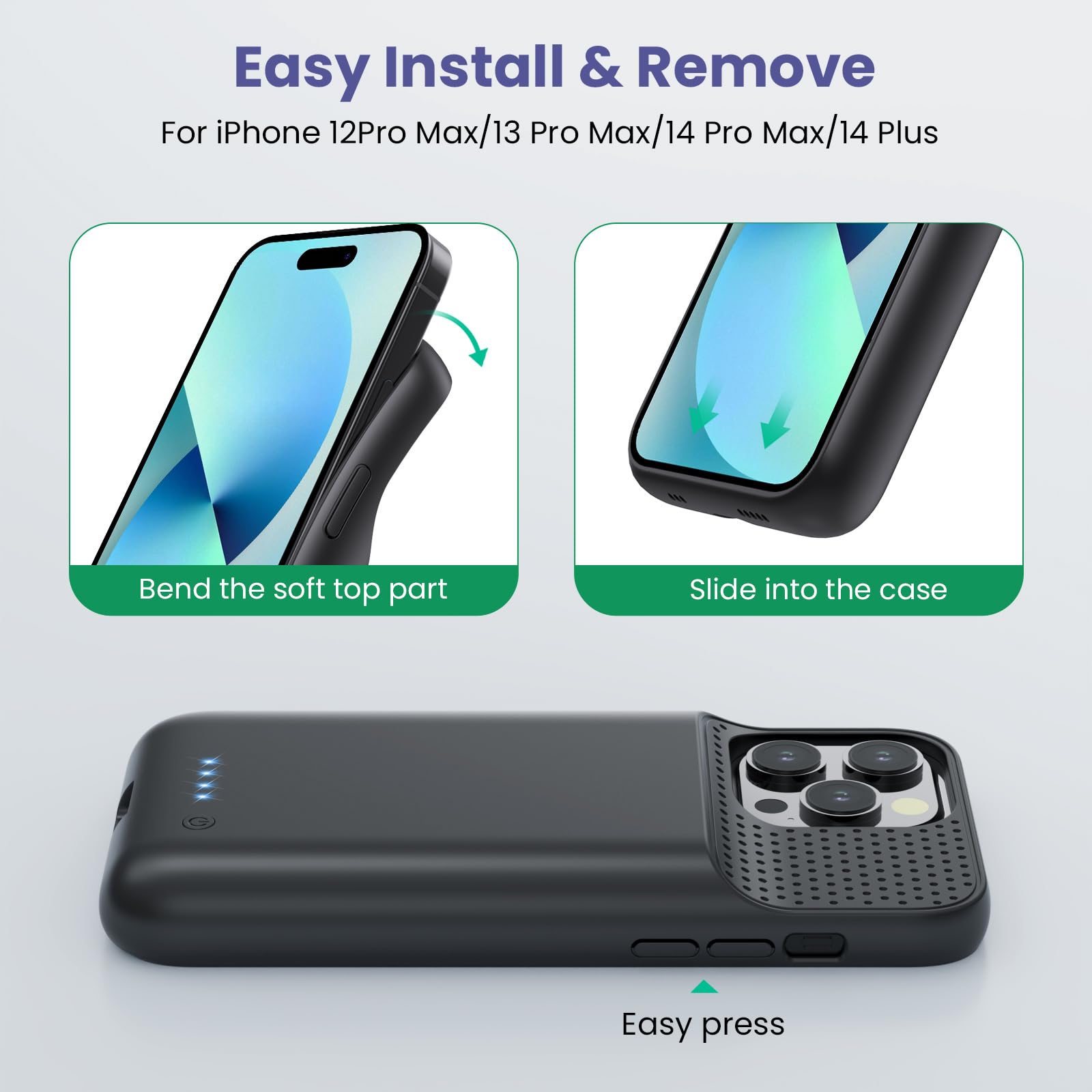 Akku Hülle für iPhone 12 Pro Max/13 Pro Max/14 Pro Max/14 Plus, [8600 mAh] Wiederaufladbar Batterie Ladehülle Akku, Tragbares Batterieladegerät Hülle Leistungsstarke Power Bank für iPhone-Schwarz