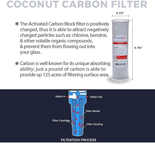 Miniatura 3 de LiquaGen Juego de 1 filtro de agua de repuesto de carbono y 1 sedimento de 10 x 2.5 pulgadas, cartuchos de 5 micras y 10 pulgadas, compatible con la