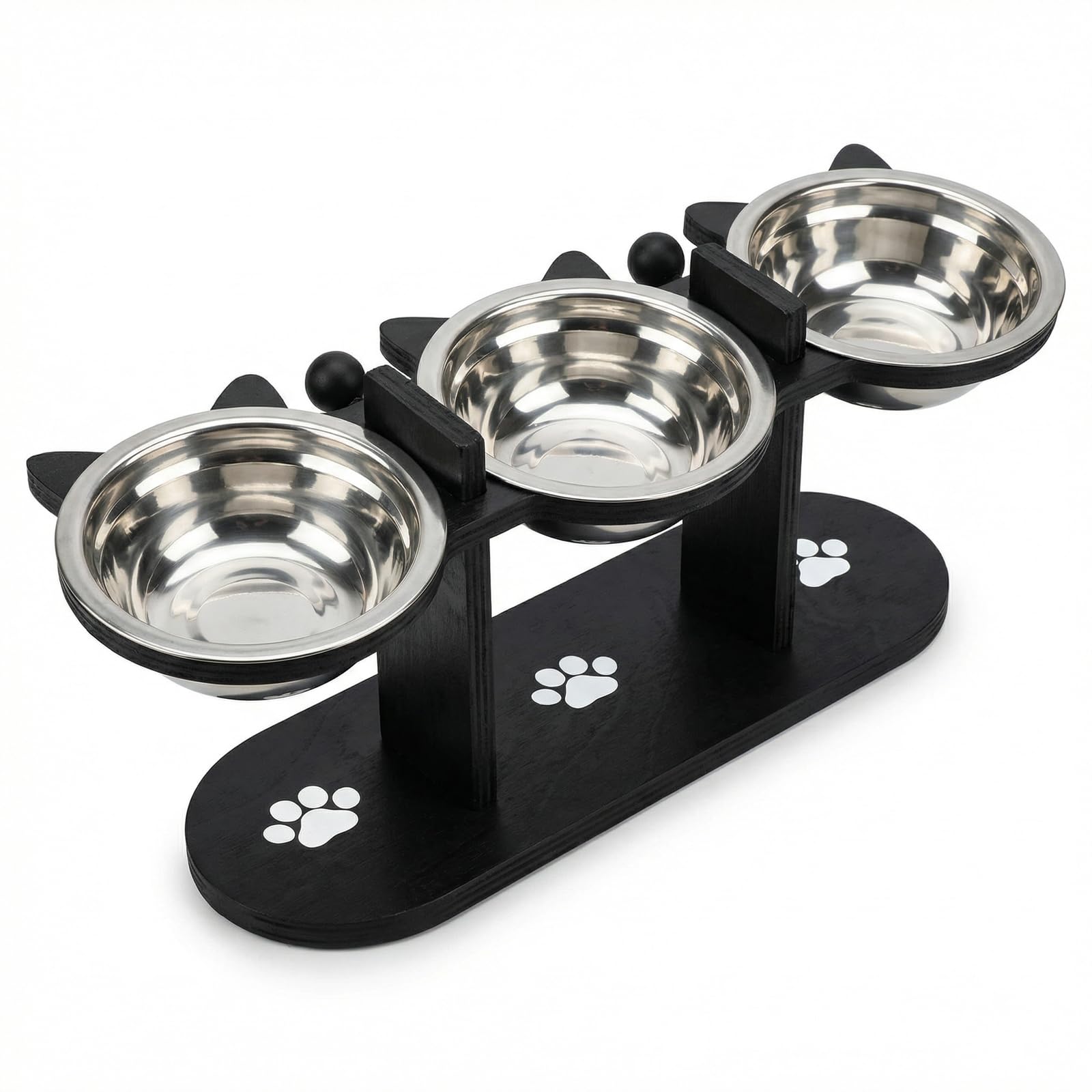 Comedero Gato Elevado,Comedero Perro de Acero Inoxidable, 3x300ml Comederos y Bebederos,con Soporte de Bambú,Altura Ajustable,Inclinación de 15°,para Gatos y Perros pequeños (Negro)