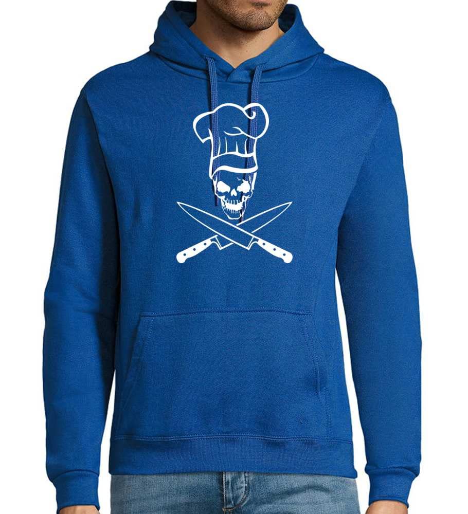 Czaszka z czapką kucharską i nożem, męska bluza z kapturem, niebieski Royal, M