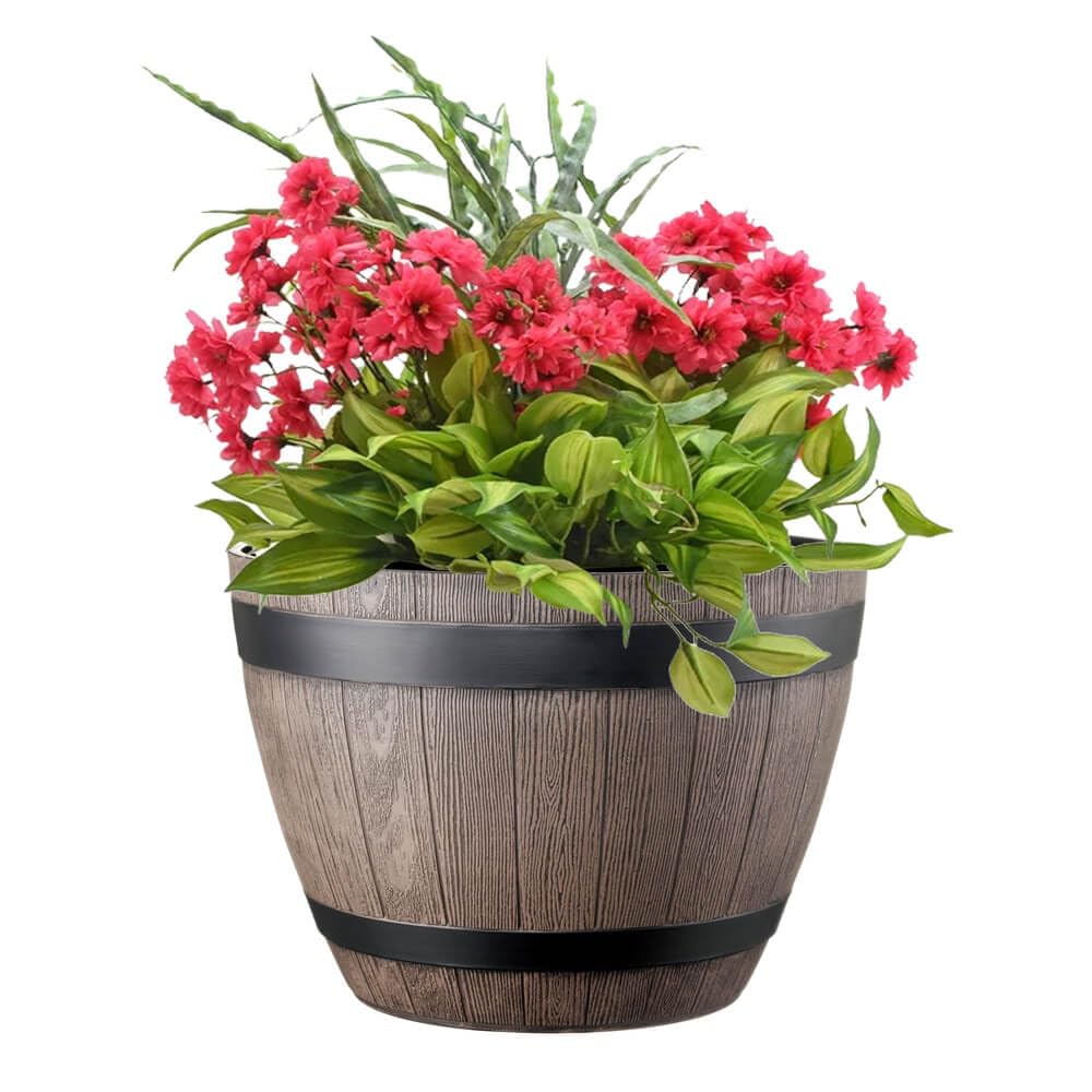 Gardening Naturally Brown Wooden Barrel Effect Planter - Recycled Plastic, Uv & Frost Resistant, 26.5Cm X 37Cm By Flowersea (Brown)